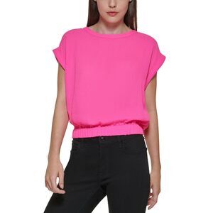 DKNY Womens Keyhole Back Elastic Hem Chiffon Top in Power - Pink, X-Large
